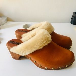 Genuine fur and leather Bosabo Wooden Clog Shoes